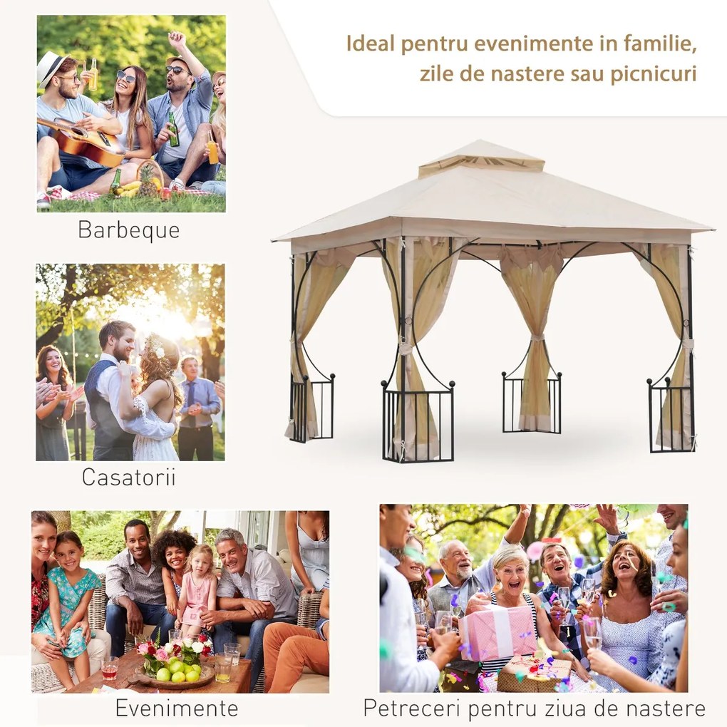 Outsunny Pavilion de Grădină cu Acoperiș Dublu din metal și Poliester,Bej, 3x3m