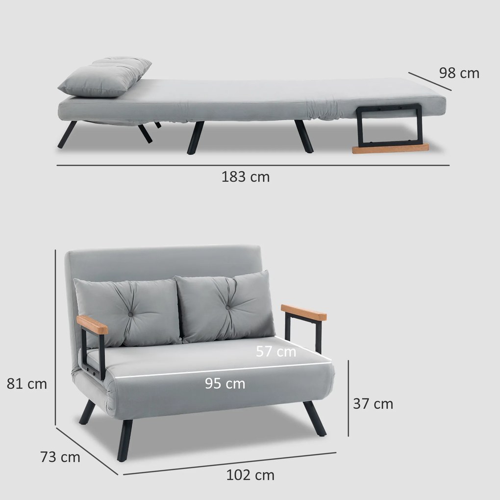 HOMCOM Canapea Extensibilă Cu Aspect Catifelat și Spătar Reglabil, Gri Deschis | Aosom Romania