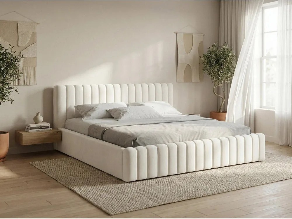 Pat matrimonial verde tapițat cu spațiu de depozitare cu somieră 160x200 cm Lemi – Makamii