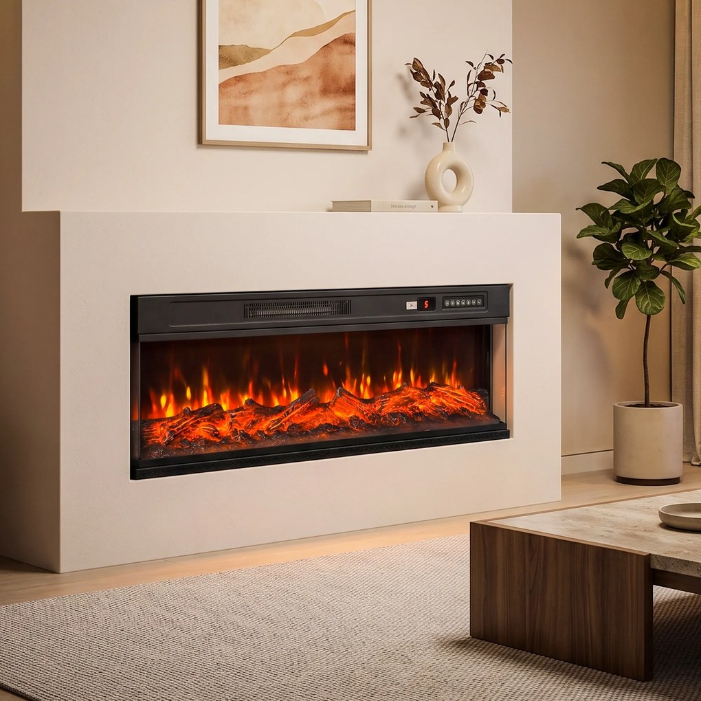 HOMCOM Șemineu electric de podea/încastrabil, 3 laturi, cu telecomandă, 750/1500W, efect flacără 3D, 12 culori, 5 niveluri de luminozitate | Aosom Romania