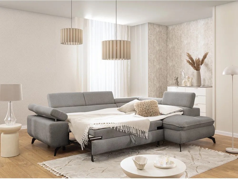 Colțar gri deschis cu tapițerie din chenille (cu colț pe partea dreaptă/în formă de ”L”) Marbeya – Ropez