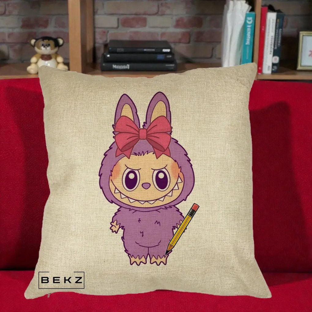 Perna Personalizata Labubu Mov cu Funda Rosie si Creion, 40x40 cm, Crem, Husa Detasabila, Perna Inclusa, BEKZ®