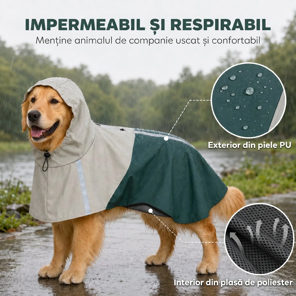 PawHut Impermeabil pentru Câini cu Glugă Orificiu pentru Lesă și Benzi Reflectorizante, pentru Câini Talie Mare, Verde | Aosom Romania