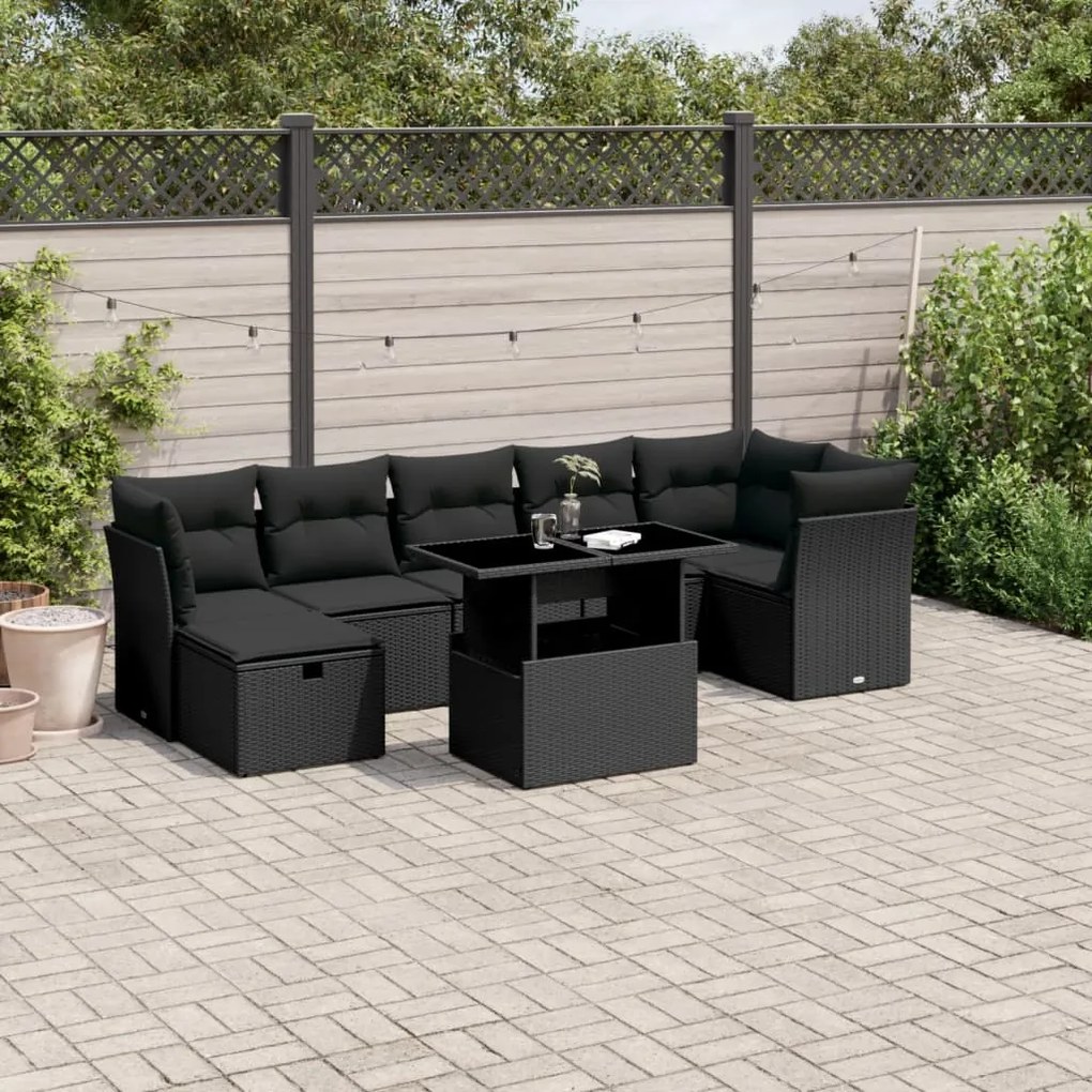 3274665 vidaXL Set mobilier de grădină cu perne, 8 piese, negru, poliratan