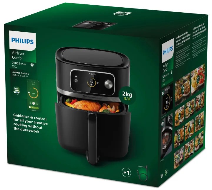 Friteuza cu aer cald Philips Combi XXL Connected Hot HD9880/90, 2200 W, 8,3 L, 40-200°C, 2 kg, 22 programe, Ecran TFT, Wi-Fi, Negru