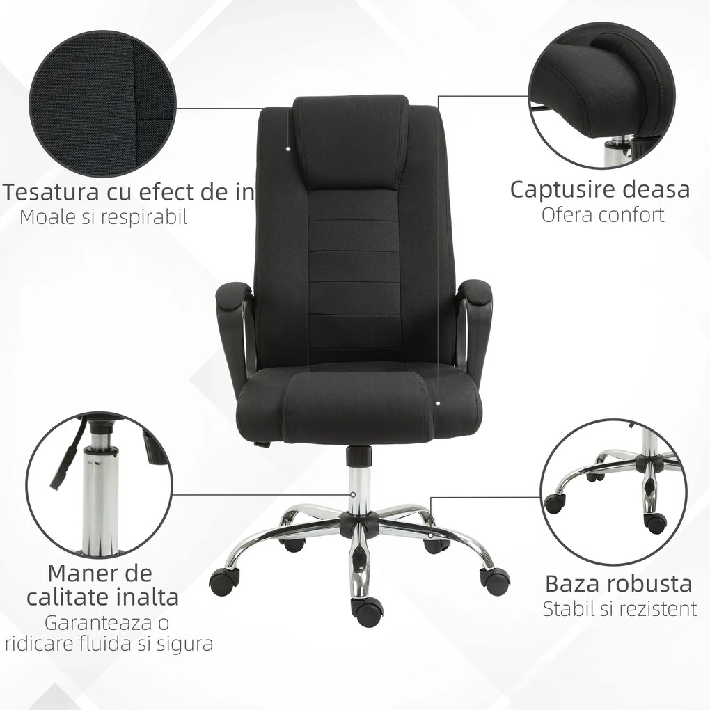 Vinsetto Scaun de Birou Ergonomic, Basculant și Captusit cu Înălțime Reglabilă, 62x76x110-119 cm, Negru | Aosom Romania