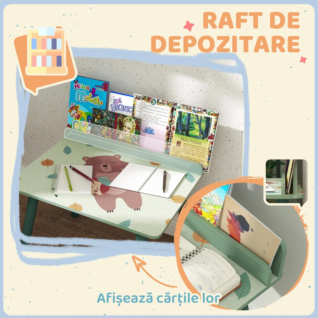 AIYAPLAY Birou Copii cu Raft pentru Depozitare din MDF și Lemn de Pin, cu Masă și Scaun, 60x48x53.5 cm, Verde | Aosom Romania