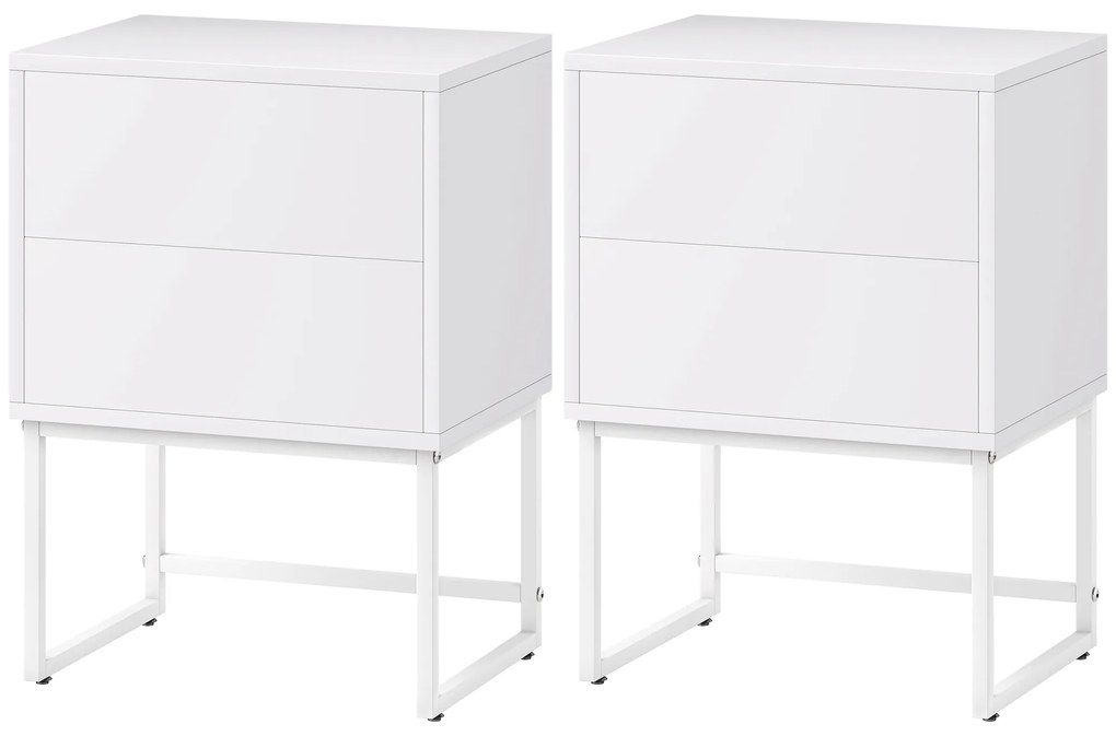 HOMCOM Set de 2 Noptiere Înguste cu 2 Sertare Deschidere la Presiune și Picioare din Oțel 40x30x55 cm Alb | Aosom Romania