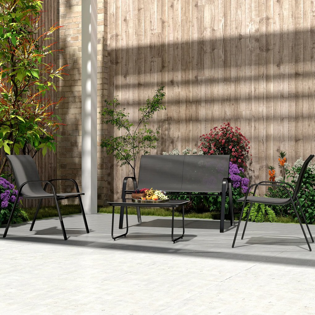 Outsunny Set Mobilier de Grădină din 4 Piese cu Canapea, 2 Scaune Stivuibile și Măsuță de Cafea, 113x66x79 cm, Negru | Aosom Romania