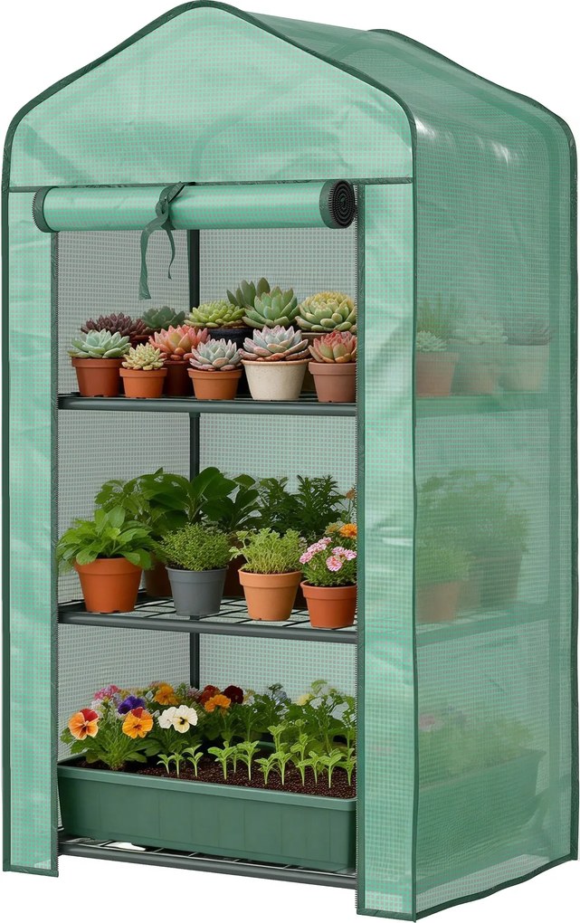 Outsunny Seră de grădină cu 3 rafturi, seră de balcon, prelată PE întărită, cadru din oțel, 59 x 39 x 127 cm, verde | Aosom Romania