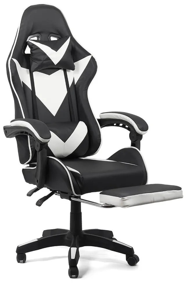 Scaun gaming din piele sintetică cu suport pentru picioare OFF 299 alb cu negru