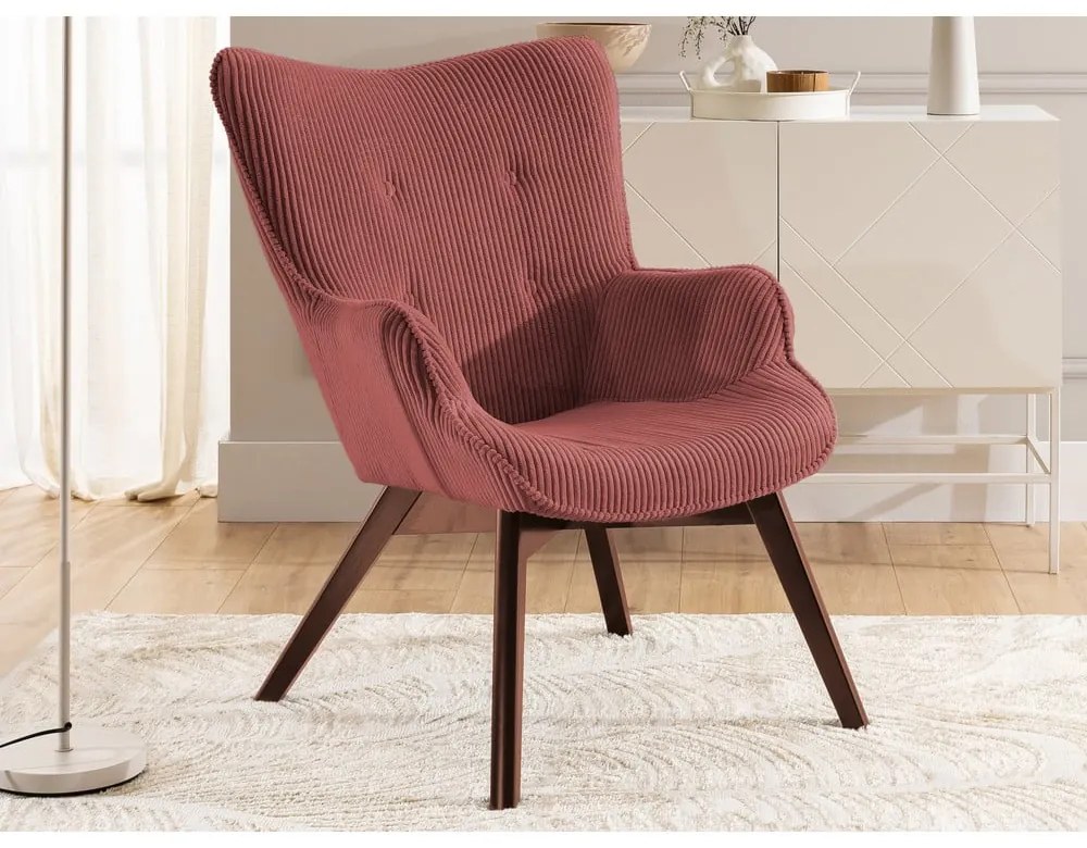 Fotoliu cu taburet roșu cu tapițerie din catifea reiată Niko – Ropez