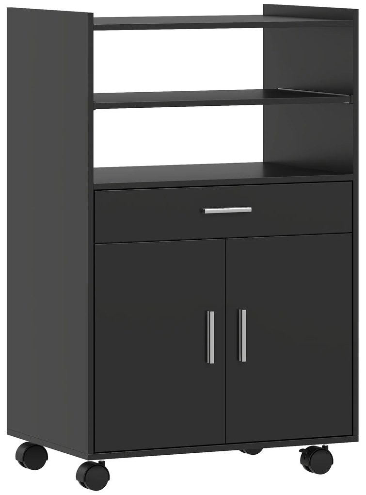 HOMCOM Dulap pentru Cuptorul cu Microunde cu Roți, Bufet de Bucătărie cu Sertar, Blat pentru Aparate, Dulap cu 2 Uși, Raft Retractabil și Raft Deschis, Cărucior de Bucătărie pentru Sufragerie, 59x40x92cm, Negru | Aosom Romania