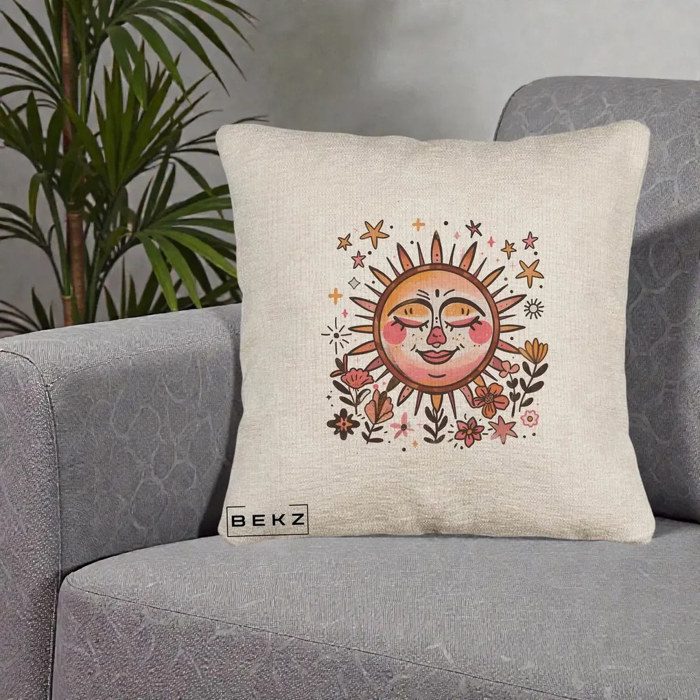 Perna Decorativa Soare Retro Boho Floral, 40x40 cm, Bej Canapea, Husa Detasabila, Perna Inclusa, BEKZ®