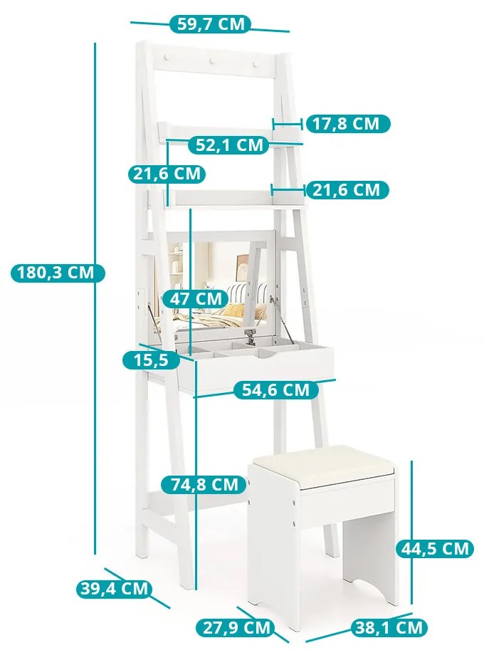 Masă de toaletă îngustă cu 2 rafturi și scaun, 60x40x180cm