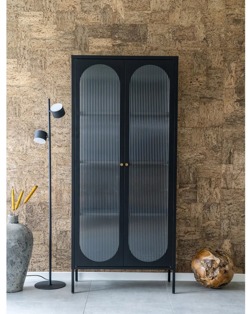 Vitrină Adelaide, negru, 2 uși din sticlă ondulată 80x35x180 cm
