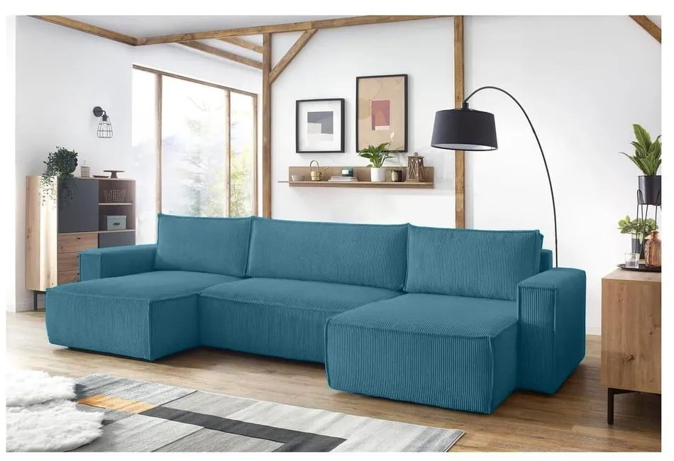 Colțar turcoaz extensibil cu tapițerie din catifea reiată Nihad – Bobochic Paris