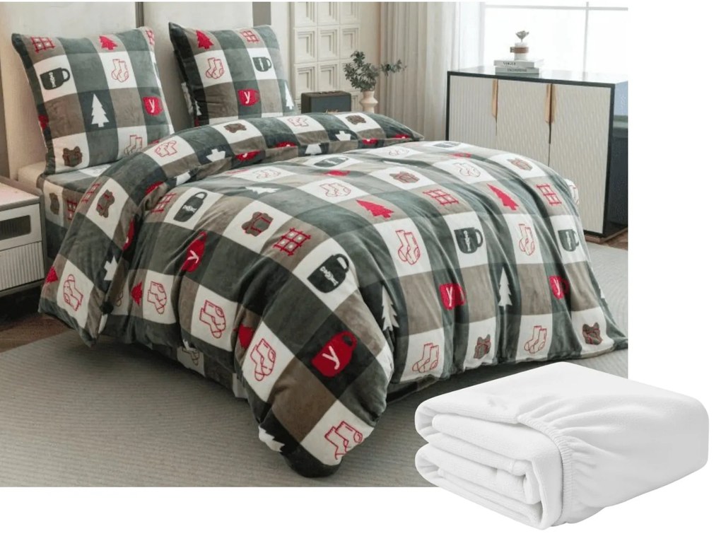 Set lenjerie cocolino CHRISTMAS SOCKS verzi + cearsaf Cocolino microplus cu elastic SOFT 180x200 cm alb, pat dublu