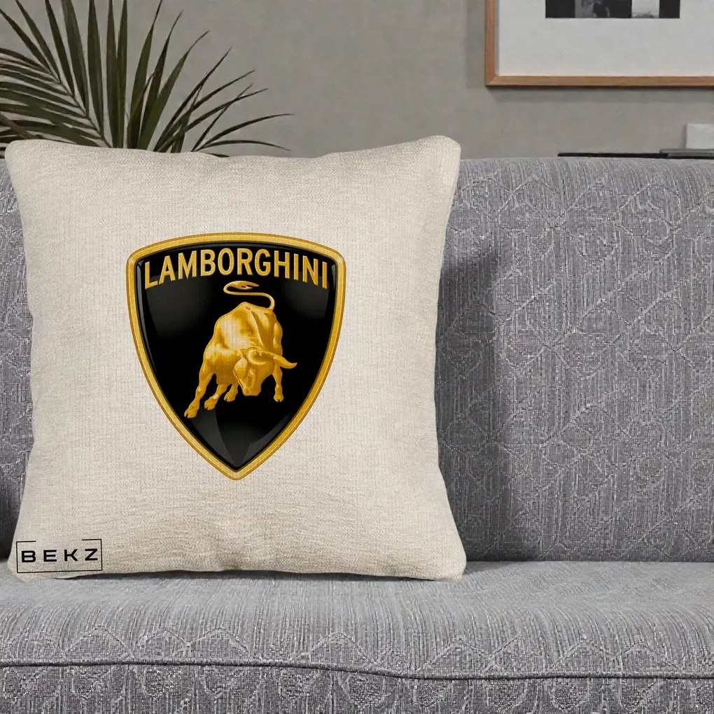 Perna Personalizata cu emblema Lamborghini, 40x40 cm, Bej Canapea, Husa Detasabila, Perna Inclusa, BEKZ®