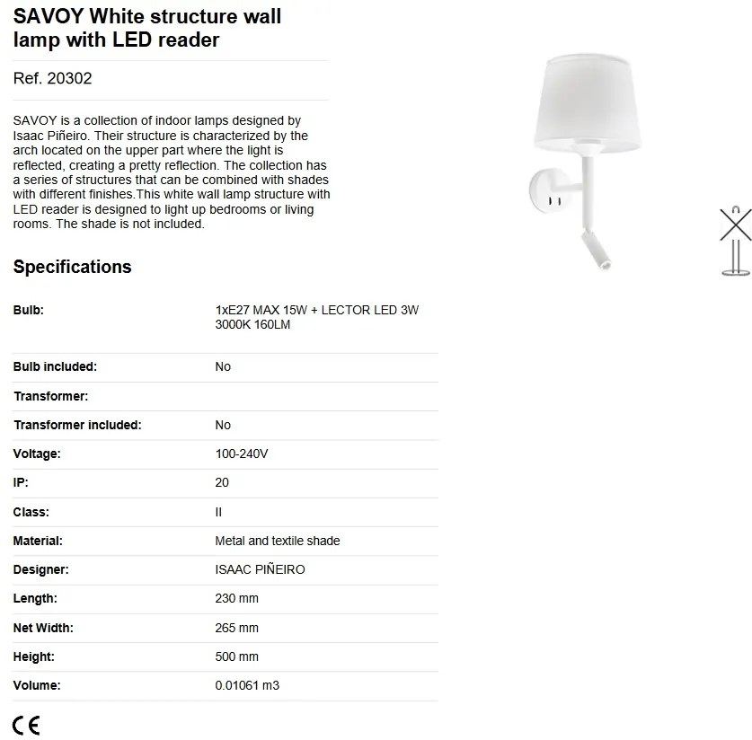 Aplica perete cu reader LED moderna design elegant SAVOY alba