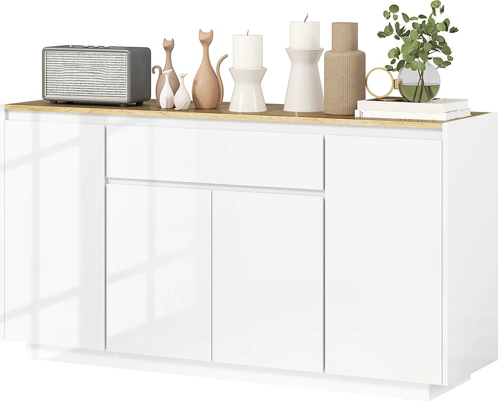 HOMCOM Bufet de Bucătărie cu 3 Dulapuri și 4 Uși cu Îchidere Lină, Mobilier Modern cu Sertar, 140x40x75 cm, Alb | Aosom Romania