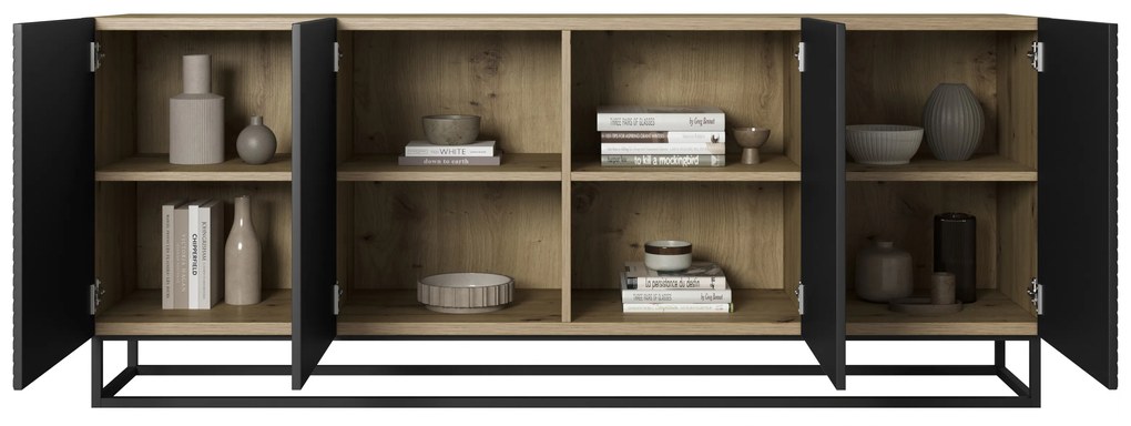 Comodă cu patru uși Asha 200 cm pe cadru - artisan / rivier stone mat / negru mat