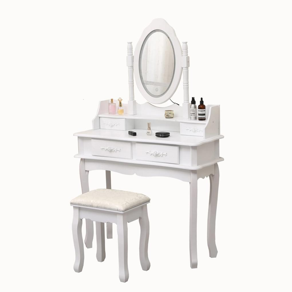 Set Maia, Masă de toaletă cu oglindă iluminată bandă LED, control touch, 4 sertare, scaun, Alb