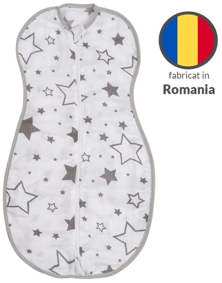 Sistem de infasat de vara din muselina cu fermoar dublu Kidizi Snugpod Galaxy Grey, pentru 4-6.5 kg, 0.3 tog