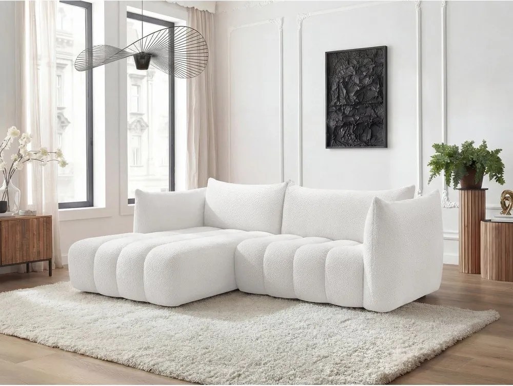 Colțar alb cu tapițerie din țesătură bouclé (cu colț pe partea stângă/cu șezlong) Azra – Bobochic Paris