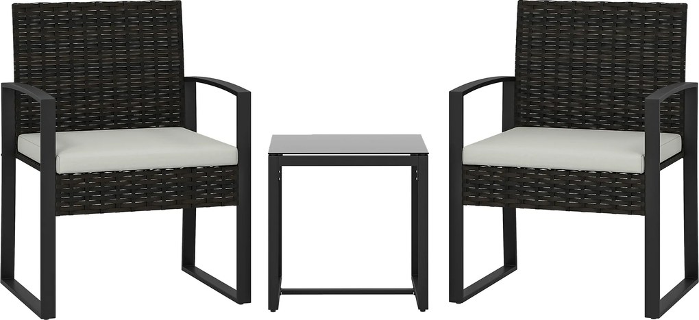 Outsunny Set de Mobilier de Grădină din Ratan Sintetic cu 2 Scaune cu Perne Detașabile și Masă cu Blat din Sticlă, Crem | Aosom Romania