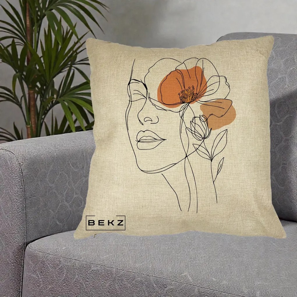 Perna Decorativa Portret Feminin Mac Profilat, 40x40 cm, Crem, Husa Detasabila, Perna Inclusa, BEKZ®