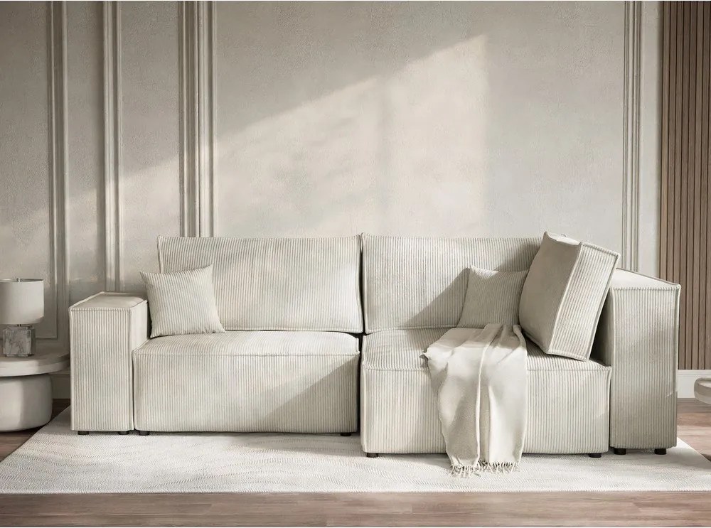 Colțar crem extensibil/cu spațiu de depozitare cu tapițerie din catifea reiată (cu colț pe partea dreaptă/în formă de ”L”) Tonga – Maison de Rêve