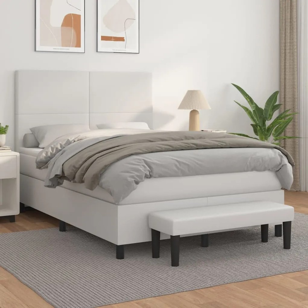 3137540 vidaXL Pat box spring cu saltea, alb, 140x190 cm, piele ecologică