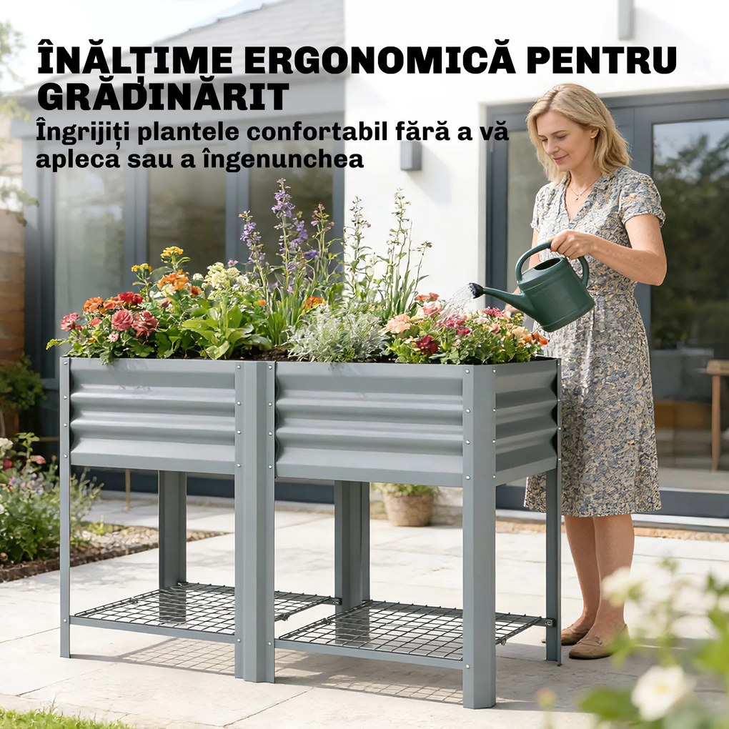 Outsunny Jardinieră Ridicată cu Raft de Depozitare, 150L, Oțel Galvanizat, Înălțime 80 cm, pentru Grădină sau Terasă | Aosom Romania