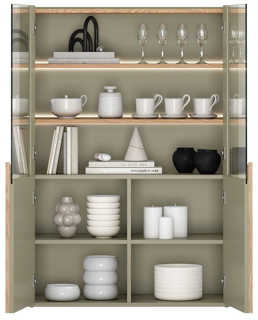 Vitrină Amilio 100 cm cu 2 uși - eucalipt / stejar baltic dune / mânere stejar natural