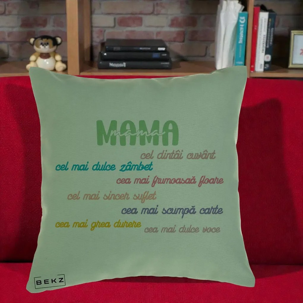 Perna personalizata mama: Mama, cel dintai cuvant, text colorat, 40x40 cm cu Umplutura, Verde, BEKZ