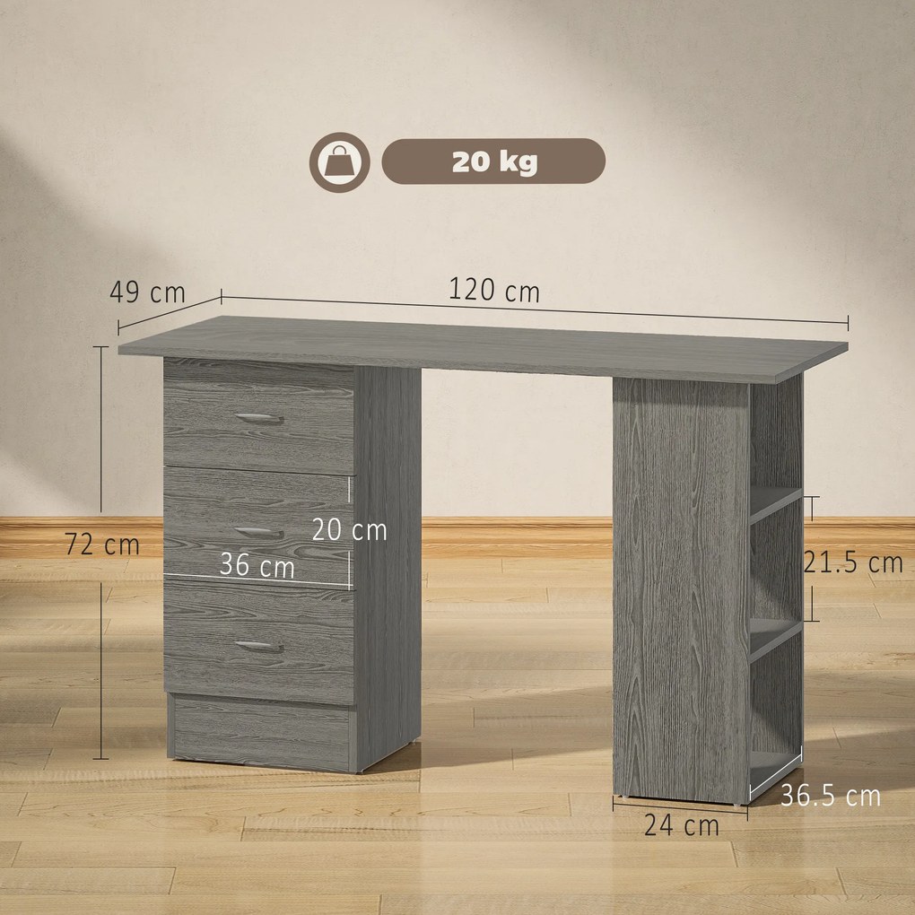 HOMCOM Birou modern cu 3 Sertare si Rafturi in Lemn Alb 120x49x72cm | Aosom Romania