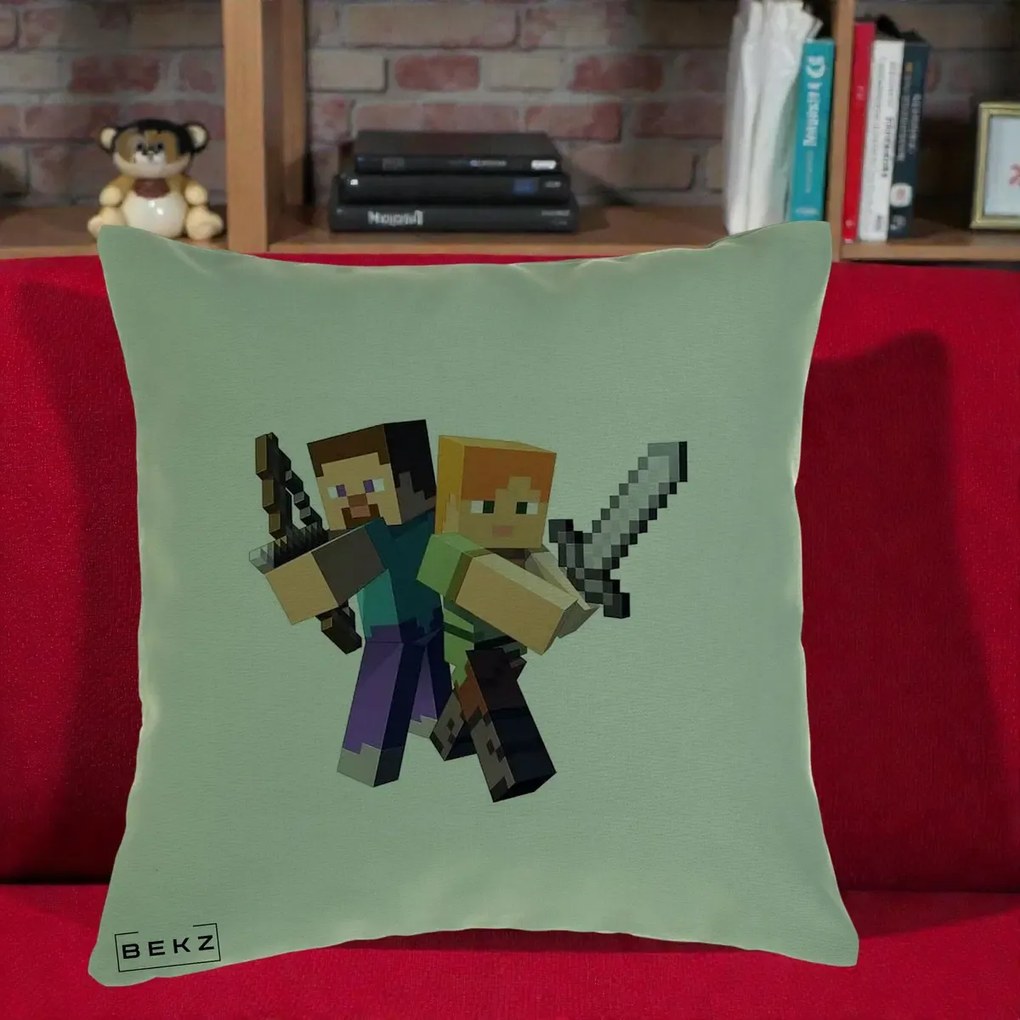 Perna Personalizata Minecraft Steve si Alex, 40x40 cm, Verde, Husa Detasabila, Perna Inclusa, BEKZ®