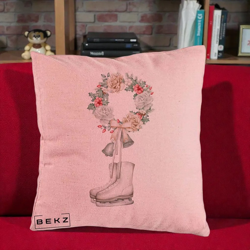 Perna Decorativa Patine cu Coroana Florala de Craciun, 40x40 cm, Roz, Husa Detasabila, Perna Inclusa, BEKZ®