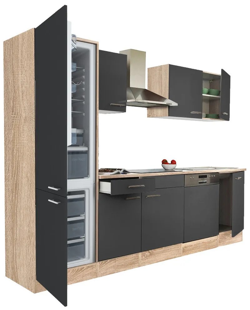 Mobilă de bucătărie Yorki 280, corp din stejar sonoma, față antracit satinat, frigider cu congelator în partea de jos