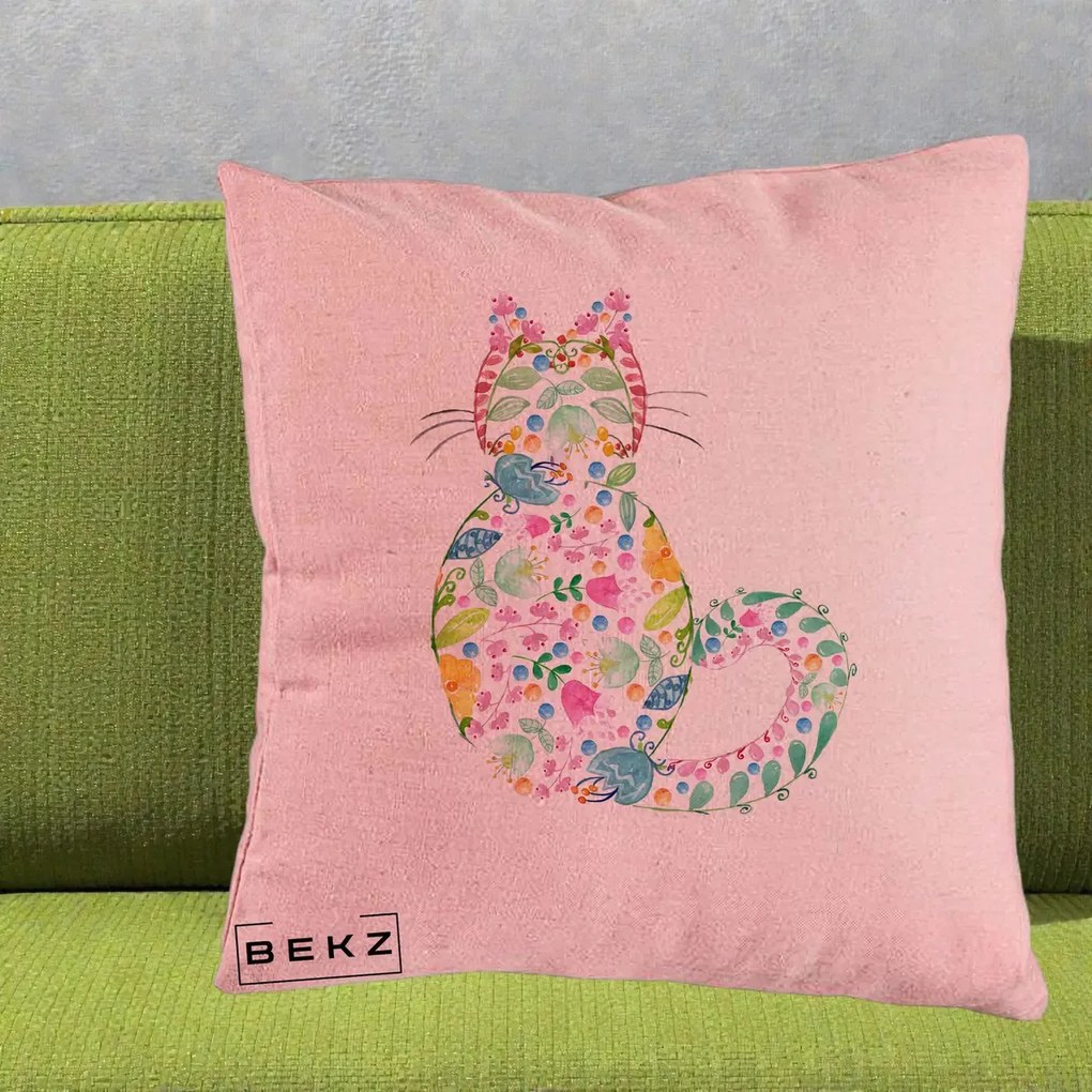Perna Decorativa Pisica Florala Acuarela, 40x40 cm, Roz, Husa Detasabila, Perna Inclusa, BEKZ®