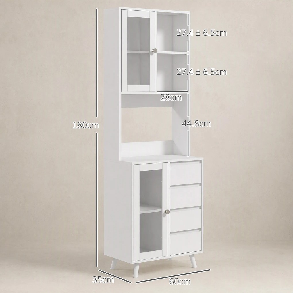 HOMCOM Servantă Înaltă de Bucătărie cu Uși din Sticlă, 2 Rafturi Deschise, 4 Sertare, Rafturi Reglabile, 60x35x180 cm, Alb | Aosom Romania