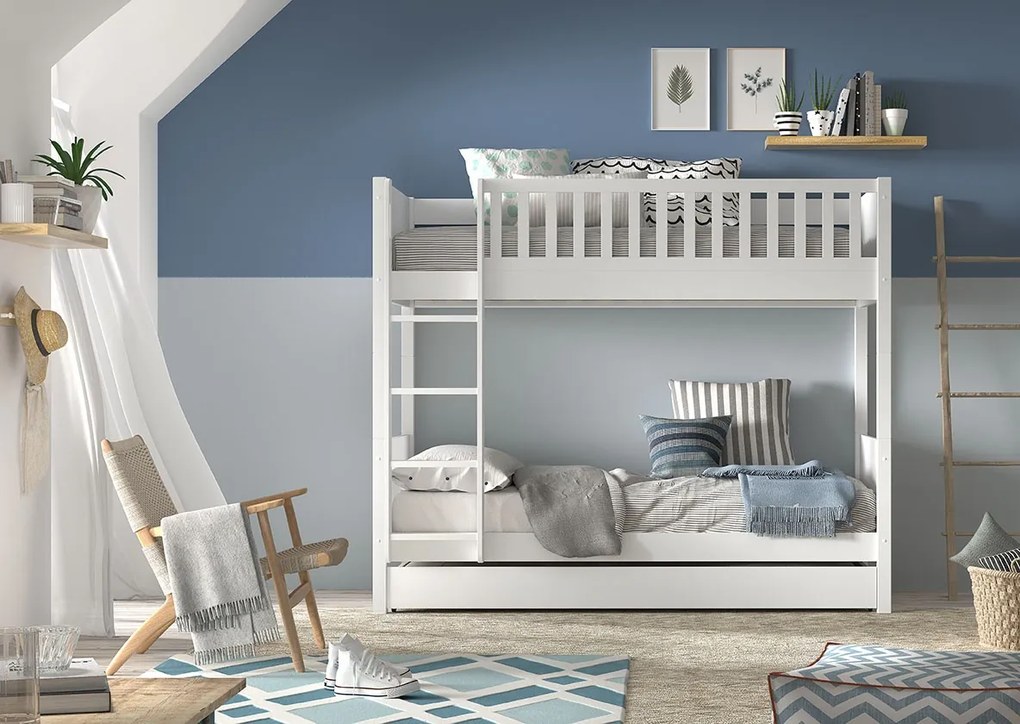 Pat supraetajat pentru copii SCOTT, alb, 90 x 200 cm, din pin scandinav și MDF, cu somiere incluse și sertar mare pentru loc de dormit suplimentar –