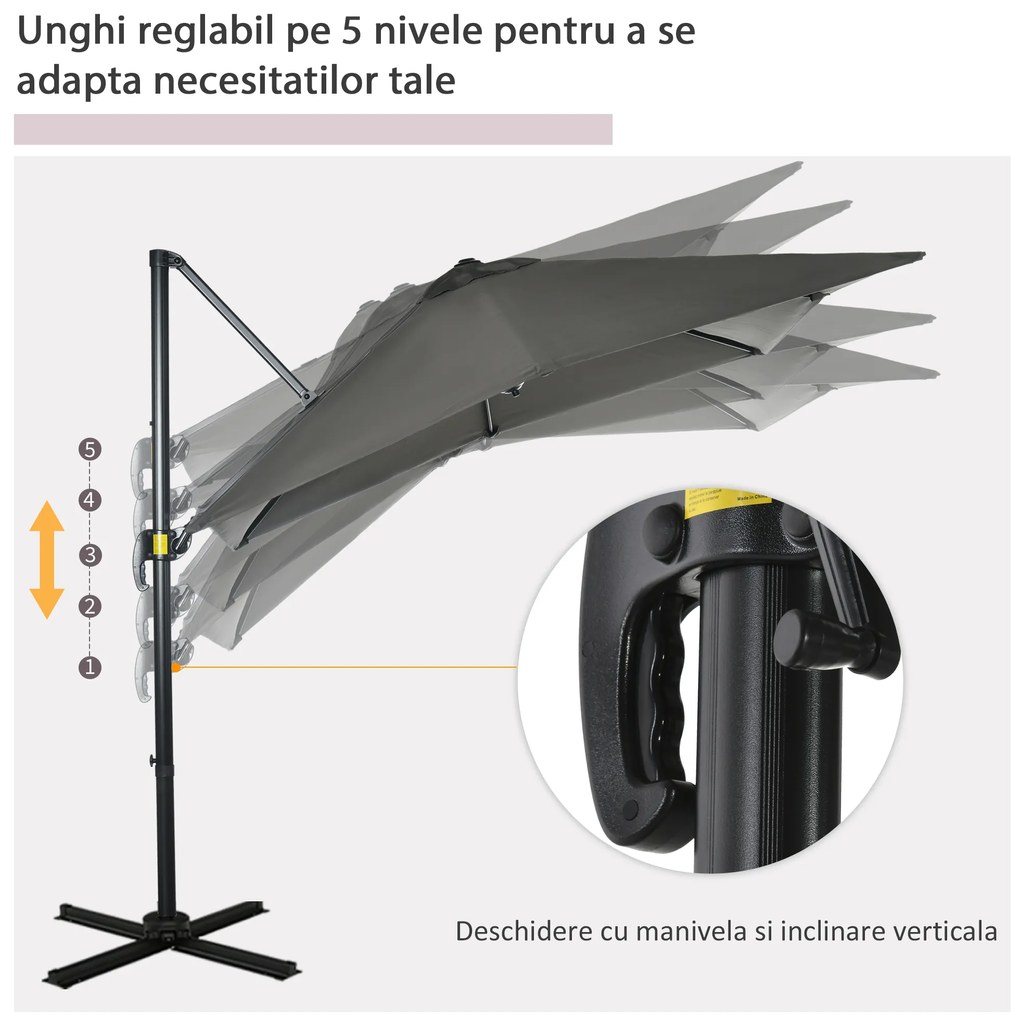 Outsunny Umbrelă de Grădină cu Manivelă de Mână cu Unghi Reglabil pe 5 Niveluri și Rotație la 360°, 245x245x248 cm, Gri | Aosom Romania