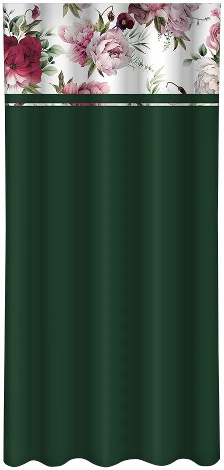 Draperie simplă de culoare verde închis cu imprimare de bujori roz și burgundia peonii Lățime: 160 cm | Lungime: 270 cm