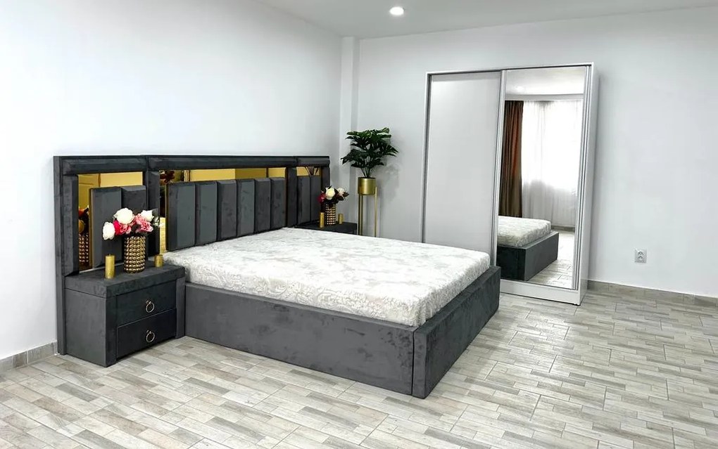 Dormitor Napoli, culoare gri / alb, cu pat Napoli 160 x 200 cm, dressing Erika 150 cm si 2 noptiere Napoli