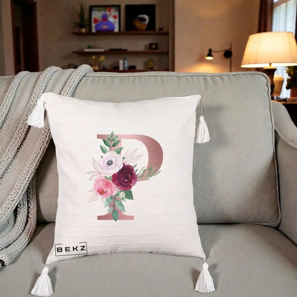 Cadou Personalizat - Perna Personalizata Monograma Rose Gold Litera P, 40x40 cm, Bej cu Franjuri, Husa Detasabila, Perna Inclusa, BEKZ®