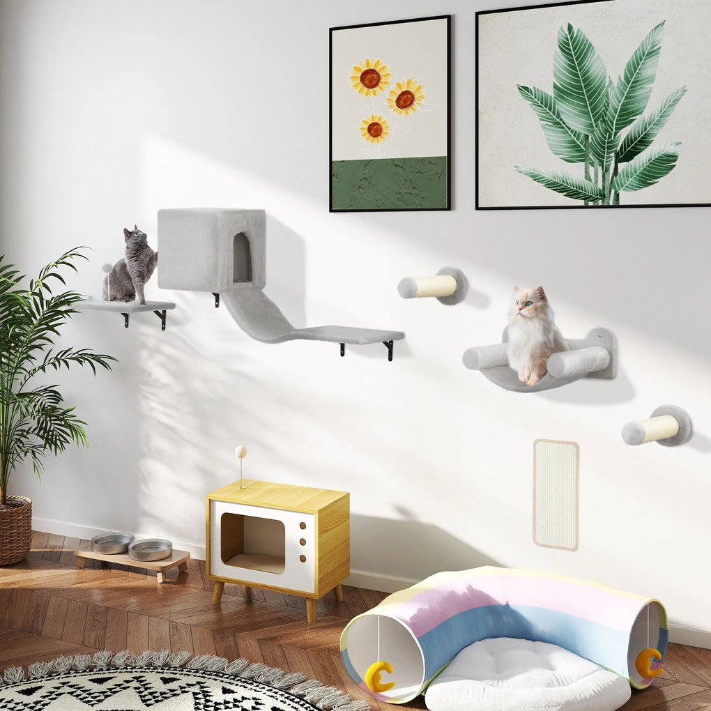 PawHut Perete de cățărat pentru pisici 6 piese set de cățărat cu căsuță pentru pisici, hamac, platformă placă de zgâriat Gri | Aosom Romania
