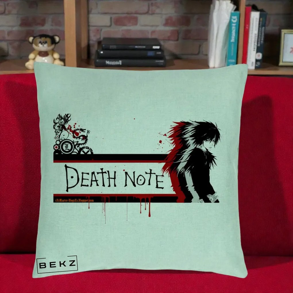 Perna Personalizata Death Note L Lawliet Rosu-Negru, 40x40 cm, Verde Menta, Husa Detasabila, Perna Inclusa, BEKZ®
