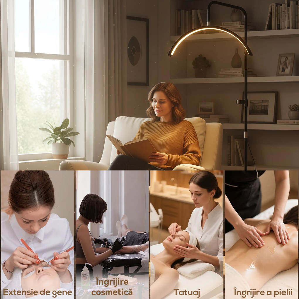 HOMCOM Lampă de Podea LED cu Cap Semilună, Înălțime și Temperatură de Culoare Reglabile, Telecomandă, Negru | Aosom Romania